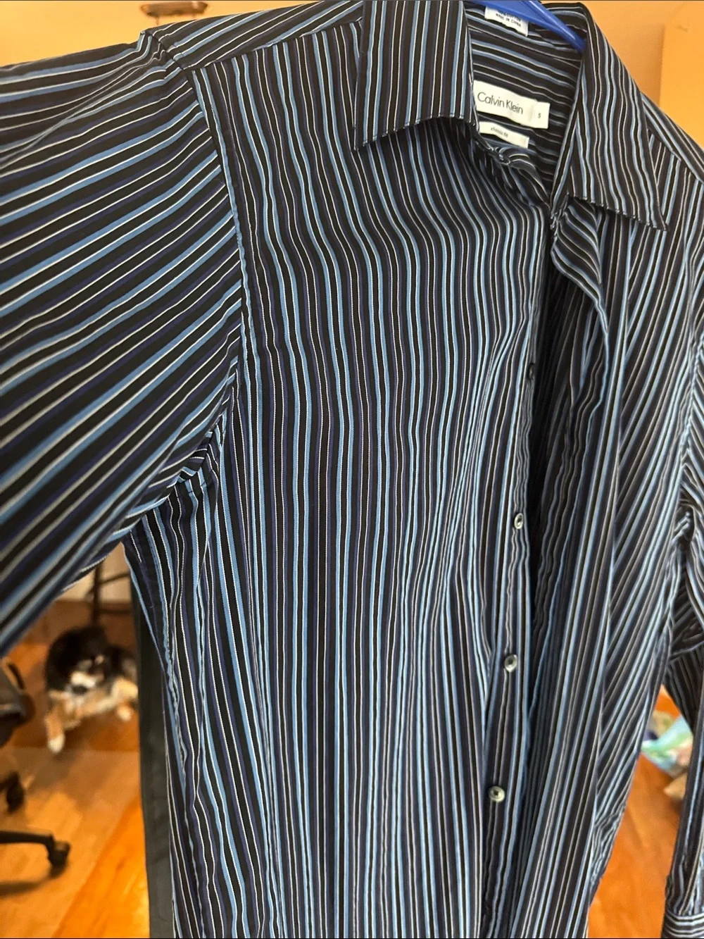 Calvin Klein Men's Black Shirt with Blue Pinstripes